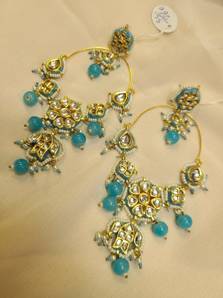 Long Statement Floral Kundan and Pearl Bali  earrings in Blue