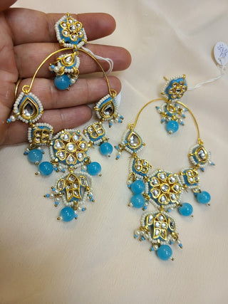 Long Statement Floral Kundan and Pearl Bali  earrings in Blue