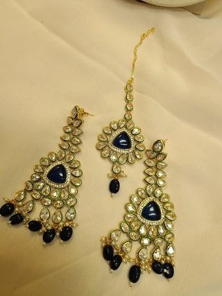 Sapphire and Kundan polki Chandelier earrings and maang tikka set