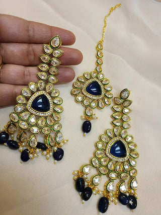 Sapphire and Kundan polki Chandelier earrings and maang tikka set