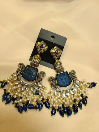 Tayaani Royal Blue Monalisa stone and Kundan Statement chandelier earrings