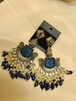 Tayaani Royal Blue Monalisa stone and Kundan Statement chandelier earrings