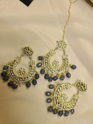 Grey Kundan Chaandbali earrings and maang tikka set