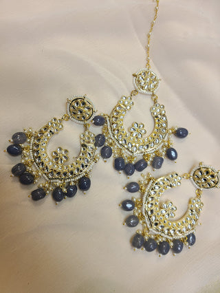 Grey Kundan Chaandbali earrings and maang tikka set