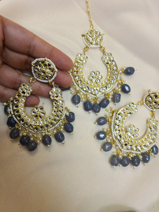 Grey Kundan Chaandbali earrings and maang tikka set