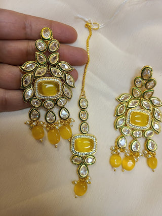 Yellow Moon Stone and Kundan Chandelier earrings and maang tikka set