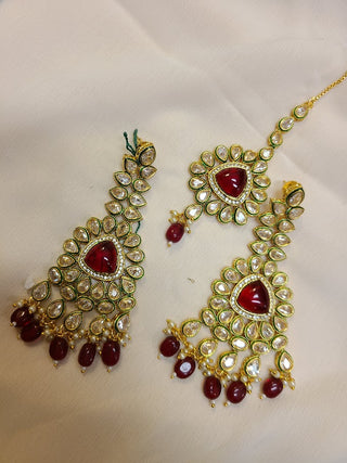 Ruby and Kundan polki Chandelier earrings and maang tikka set