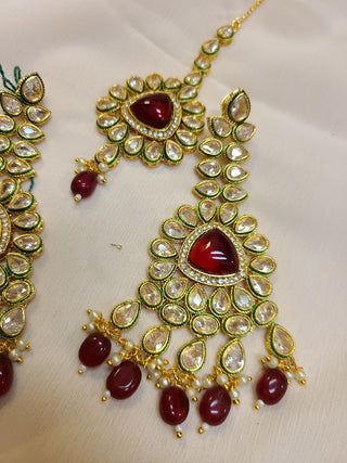 Ruby and Kundan polki Chandelier earrings and maang tikka set