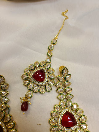 Ruby and Kundan polki Chandelier earrings and maang tikka set