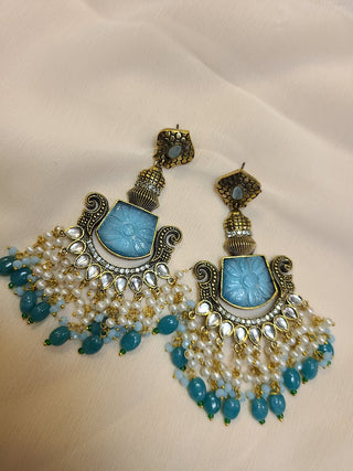 Tayaani light Blue Monalisa stone and Kundan Statement chandelier earrings
