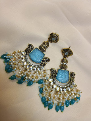 Tayaani light Blue Monalisa stone and Kundan Statement chandelier earrings