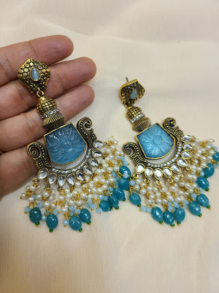 Tayaani light Blue Monalisa stone and Kundan Statement chandelier earrings