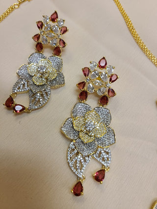 Ruby and American Diamond 3D Floral set in Gold Finish