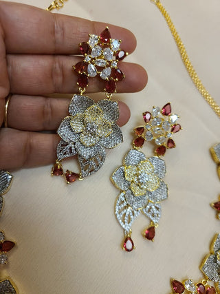 Ruby and American Diamond 3D Floral set in Gold Finish