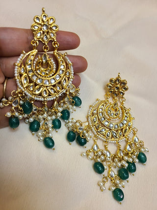 Green Kundan and Pearl long Chaandbali statement earrings