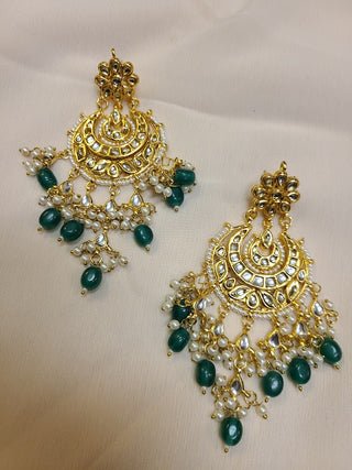 Green Kundan and Pearl long Chaandbali statement earrings