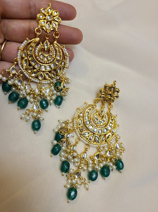 Green Kundan and Pearl long Chaandbali statement earrings