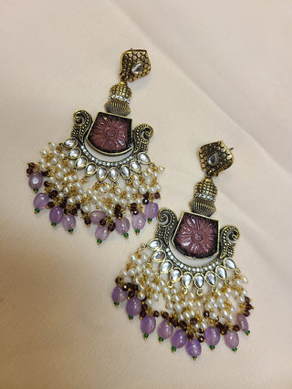 Tayaani Purple Monalisa Stone and Kundan Statement chandelier earrings