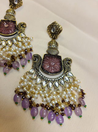 Tayaani Purple Monalisa Stone and Kundan Statement chandelier earrings