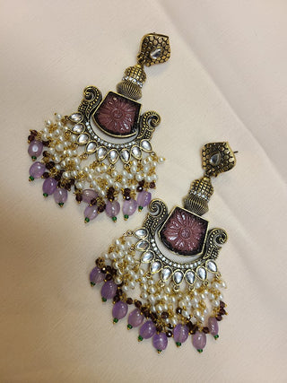 Tayaani Purple Monalisa Stone and Kundan Statement chandelier earrings
