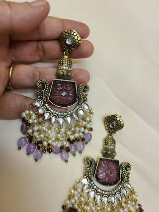 Tayaani Purple Monalisa Stone and Kundan Statement chandelier earrings