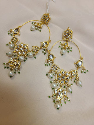 Long Statement Floral Kundan and Pearl Bali  earrings in White