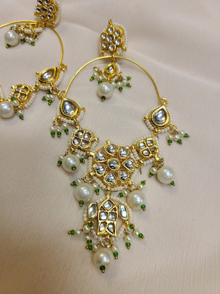 Long Statement Floral Kundan and Pearl Bali  earrings in White