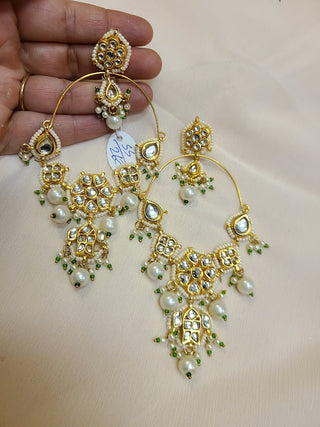 Long Statement Floral Kundan and Pearl Bali  earrings in White
