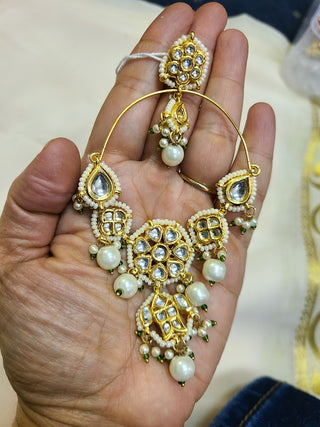 Long Statement Floral Kundan and Pearl Bali  earrings in White