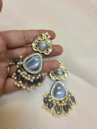 Grey MoonStone and Kundan Dangler earrings