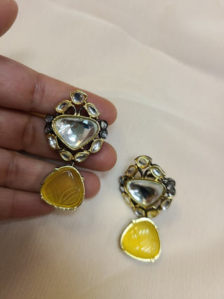 Yellow Monalisa Stone and Kundan earrings in Vicorian finish