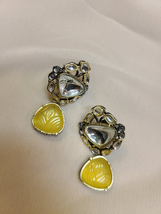Yellow Monalisa Stone and Kundan earrings in Vicorian finish
