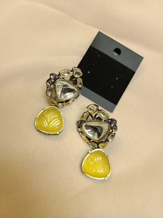 Yellow Monalisa Stone and Kundan earrings in Vicorian finish