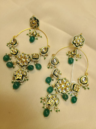 Green Long Statement Floral Kundan and emerald Bali  earrings