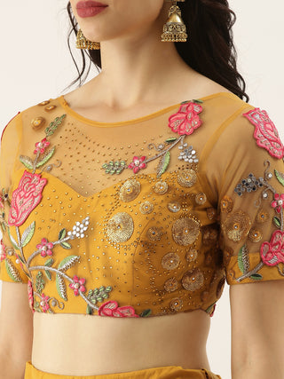 Mustard net Lehenga with gold sequins and pink rose motifs