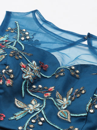 Dark Teal-Peach combination Sequin embroidered Net Lehenga
