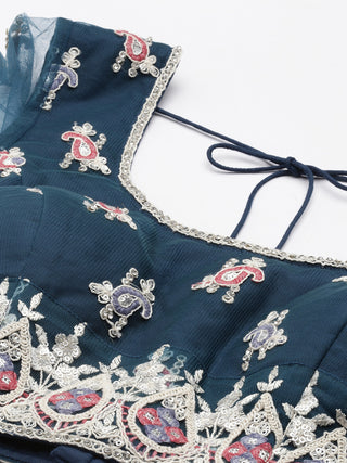 Thread and sequin embroidered teal Lehenga