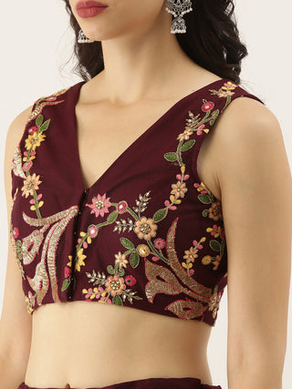 Floral embroidered Burgundy Net Lehenga