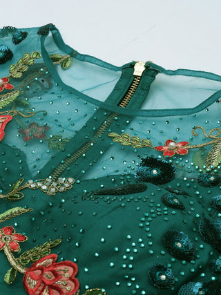 Teal net Lehenga with sequins, crystal mirror, stone work
