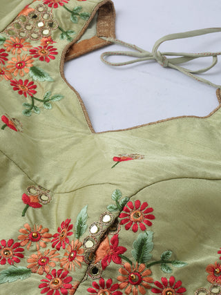 Pastel green Silk Lehenga with embroidered net frill hem