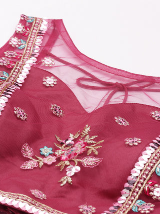 Dark Rose thread embroidered net Lehenga