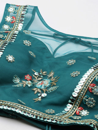 Dark sea green thread embroidered net Lehenga