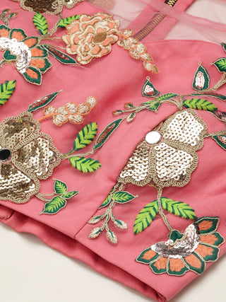 Pink multicolor floral Sequin embroidered net Lehenga