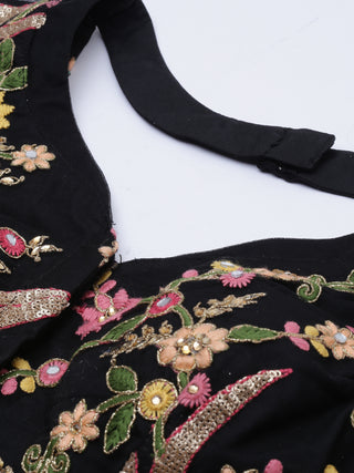 Floral embroidered stone studded Black Net Lehenga