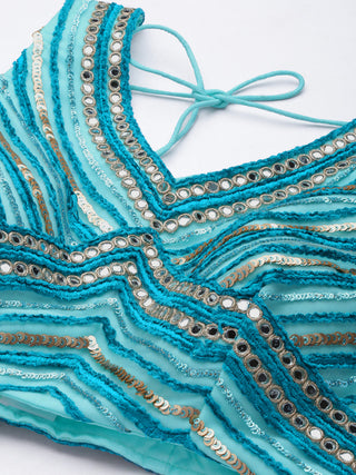 Teal geometric mirror and Sequin pattern embroidered net Lehenga