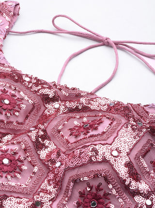 pink sequin and thread embroidered Net Lehenga