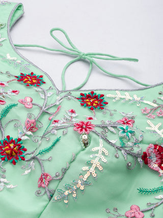 Sea green net floral sequin and thread work Lehenga