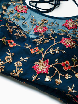 Teal mirror and thread work embroidered net Lehenga with pocket