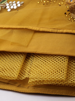 Mustard net Lehenga with gold sequins and pink rose motifs