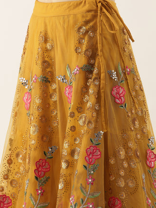 Mustard net Lehenga with gold sequins and pink rose motifs
